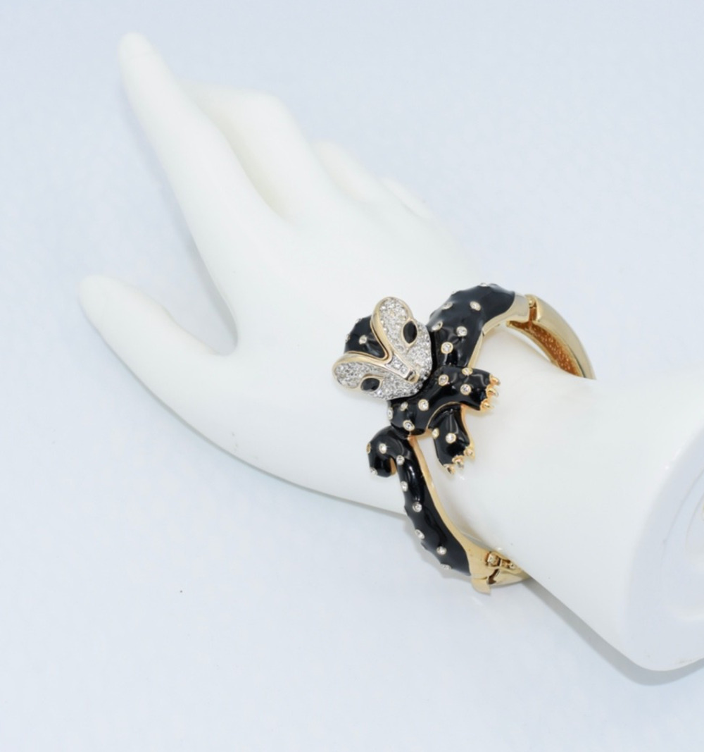 Panetta Vintage 1980's Black Enamel and Gold Tone PANTHER Bangle Bracelet